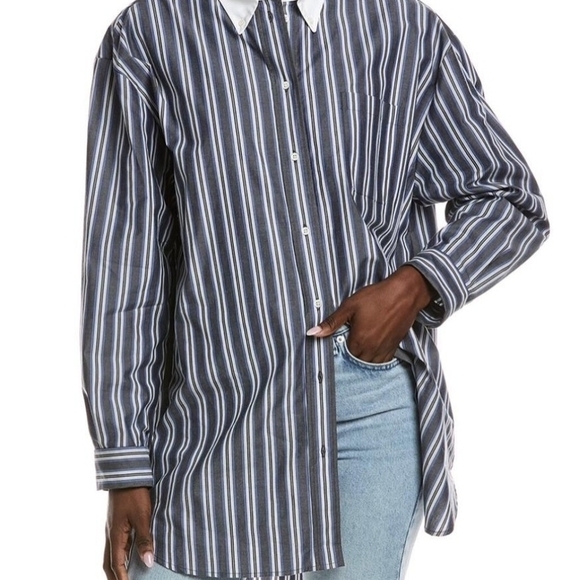Sandro Navy and White Vertical Stripe Dress Shirt with Contrast Collar - Picture 3 of 9